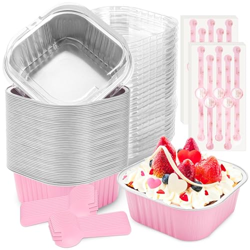 60 Pack Mini Cake Pans with Lids, Mini Aluminum Pans, Disposable Loaf Pans Cupcake Liners with Lids for Pudding, Souffle, Party, Wedding (Pink, 10 oz) Pink 10 OZ