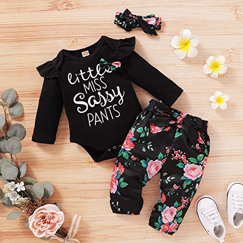Image of NZRVAWS Newborn Baby Girl Clothes Long Sleeve Ruffle Romper Bodysuit Floral Halen Pants Bowknot Headband 3pcs