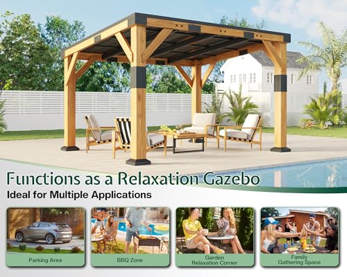 Image of Jocisland 10x12x8 FT Cedar Wood Carport, Heavy Duty Canopy Carport with Sloped Galvanized Steel Roof for All Weather, Permanent Shelter for Tractor, Motorcycle, Bike & Garden Tools