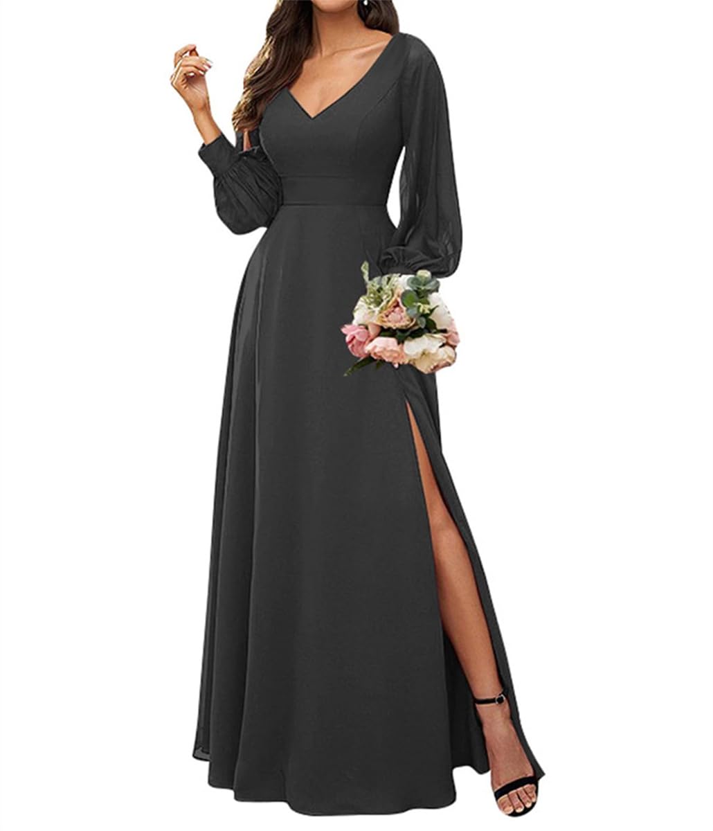 WSEYU A-Line V Neck Bridesmaid Dresses for Wedding with Long Sleeves Long Formal Party Gowns Black UK18