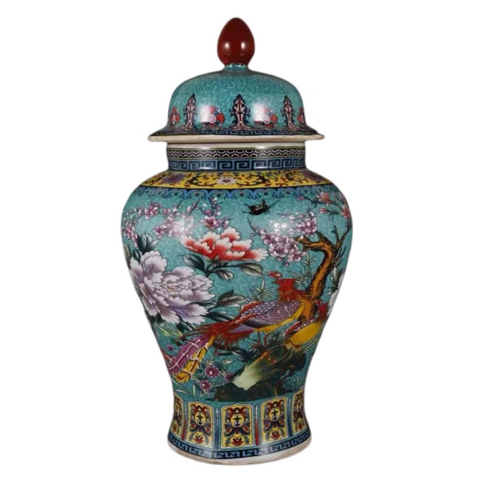 asdchZen Ceramic Colorful Vases Ginger Jar For Home Decor, Temple Jar Enamel Imitated Antique Vase Traditional Chinese Porcelain Dried Flower Vases Decoration-39×22.5Cm