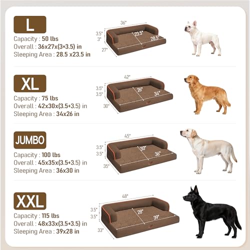 Image of Comfort Expression Washable Orthopedic Dog Bed for Extra Large Sized Dogs | Waterproof Memory Foam Pet Bed 42x30 Inch with Removable Cover with Non-Slip & Bolster, Dark Brown