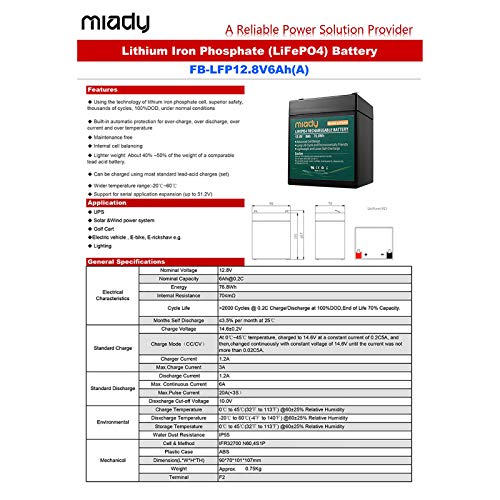 Miady 2000 Cycles 12V 6Ah Lithium Iron Phosphate Battery, Rechargeable Lifepo4 Battery, Low Self-Discharge And Light Weight, For Kid Scooters, Fios Replacement Battery #TOP6