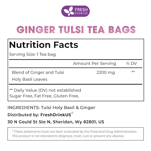 Image of FreshDrinkUS, Premium 75 Ginger Tulsi Tea Bags, 100% Natural, Hand-made Blend of Ginger and Tulsi Holy Basil Leaves, Eco-conscious Tea Bags. Herbal Tea. No Sugar, No Caffeine, Vegan.