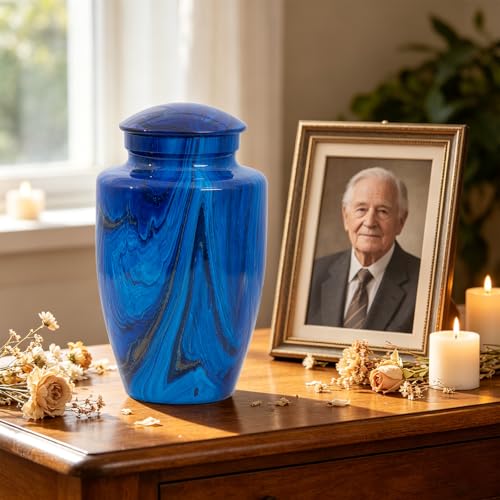 Image of Handcrafted Cremation Urns for Human Ashes Adult Man and Woman | Large Urns for Ashes Adult Male and Female,Decorative Funeral Urns - Memorial Urn with Blue Marble Finish(Up to 200IBS)