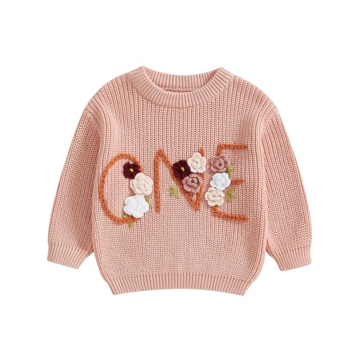 MAHUAOYIXI - MAHUAOYIXI Pull en tricot pour fille pour le premier anniversaire, décontracté, à manches longues, col ras-du-cou, lettre, fleur brodée, côtelé, pullover chaud, vêtements pour tout-petits, tricot pour