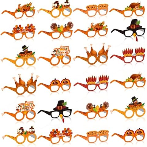 Caoekego Thanksgiving Eyeglasses 24 Pcs Turkey Eyewear Frame Maple Leaves Pumpkin Photo Props for Kids Fall Harvest Party Decoration Thanksgiving Day Accessories Cover