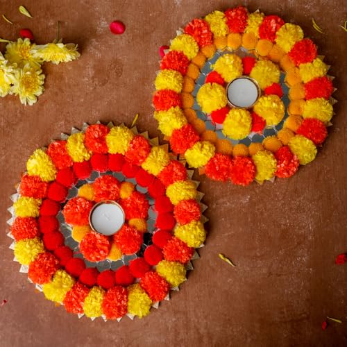 Image of Gajra Rangoli - Reusable Rangoli Mats with Artificial Marigold, Gota Flowers, and White Gajra for Festive Decor | Rangoli Door Mats (Pack of 2)