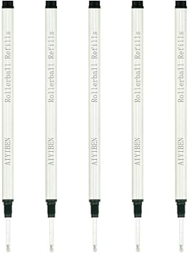Rollerball Pen Refills - Smooth Writing German Ink and Fine 0.5 mm Threaded Rolling Ball Refills 5 x Black