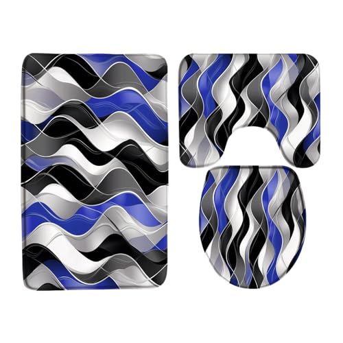 3Pcs Navy Blue Black Stripes Bath Mat Set,Modern Abstract Grey White Ombre Wavy Line Minimalist Art Bathroom Doormat Rugs,Toilet Seat Cover,U-Shaped Floor Mat