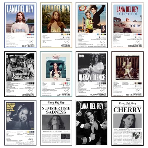 Image of Thepaper9store Pack of 12 - Lana Del Rey Music Album Art Wall Posters 8.2x11.8 inch Adhesive Tape Attached, Music Poster, Wall Art For Bedroom, Living room, Office