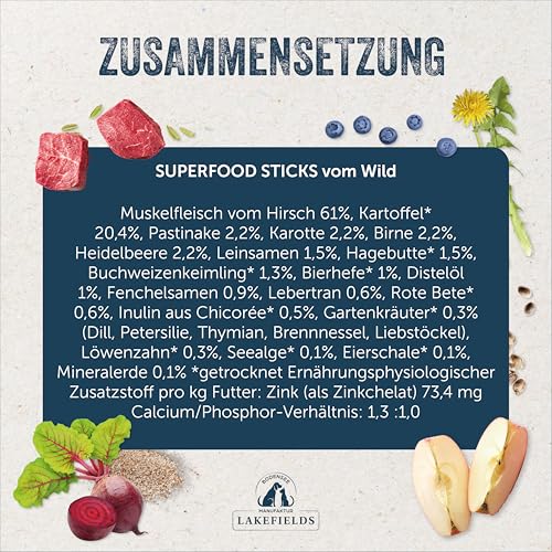 Lakefields SUPERFOOD Sticks | Premium Hundeleckerli vom Hirsch | 61% Fleisch | 130g | Getreidefreie & nährstoffreiche Hunde Snacks | Pastinaken, Birne & Rote Beete | Entwickelt mit Tierärzten