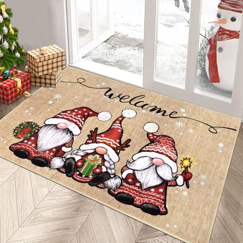 Enyhom Merry Christmas Decorative Rug Indoor Outdoor, 80 x 120 cm Non Slip Thin Machine Washable Entrance Rugs Xmas Gnome Dirt Trapper Door Mats Rug Water Absorbent