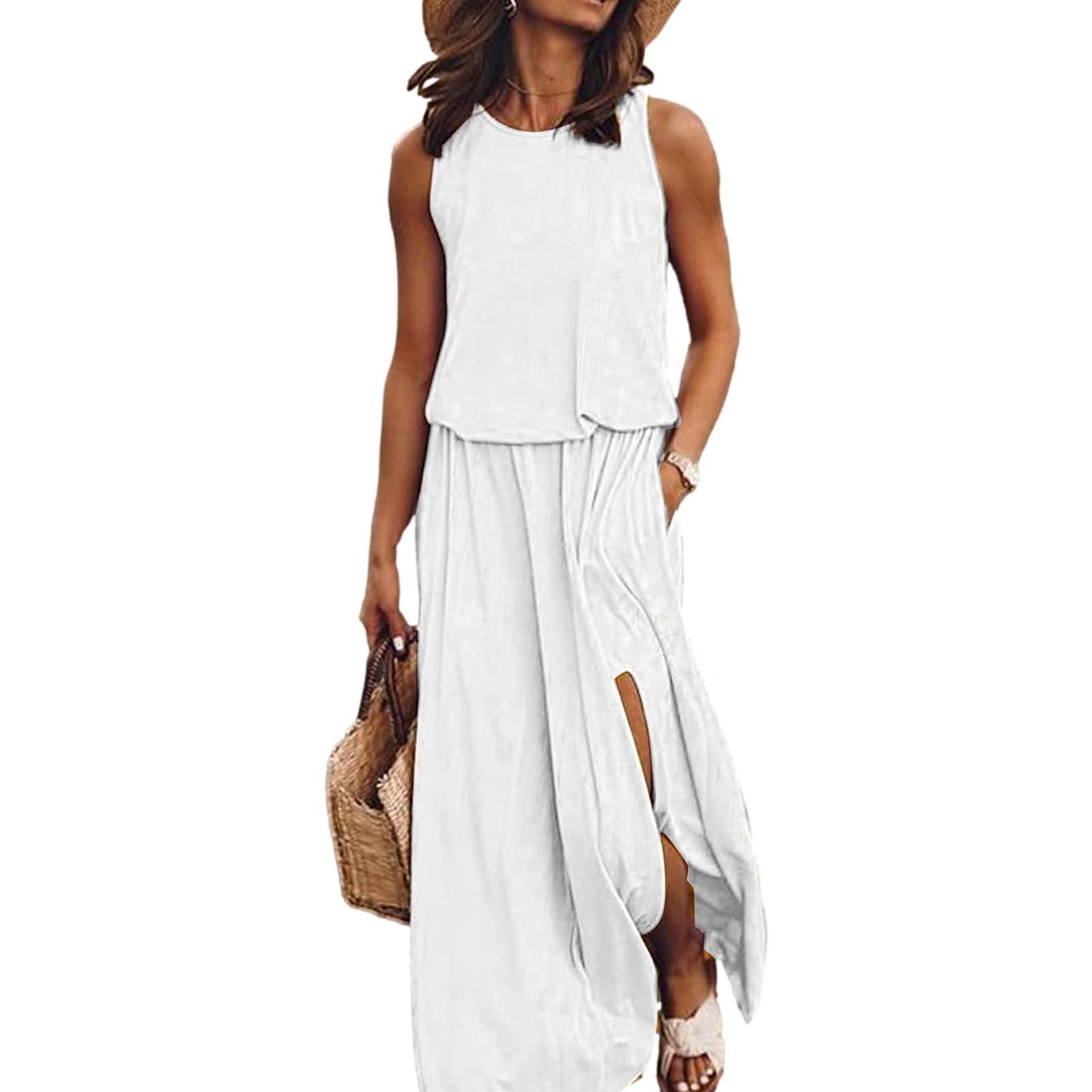 amropi Vestidos Mujer Casual Camiseta de Playa Verano Largos Vestido Sin Mangas
