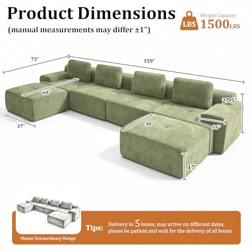 Image of 159 inch U-Shaped Modular Sectional Sofa, Oversized Boneless Cloud Couch for Living Room with Extra Deep Seat & High Back, Tool-Free No Assembly, Soft Chenille (Olive Green, 159 inch-U shaped（4+2）)