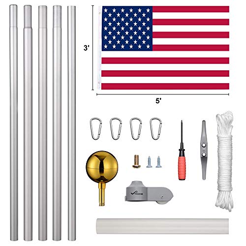 Yescom Upgraded 20ft Aluminum Sectional Flagpole Kit 3\'x5\' US American Flag Gold Ball Kit Hardware for Outdoor Residential Yard Commercial - Thumbnail 7