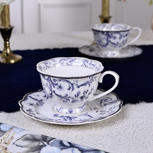 Image of Vigneto Floral Midnight Blue Cup and Saucer Set (Vintage Collection) for Tea /Coffee /Hot Drinks | Set of 6 Cup & 6 Saucers, 210 ML | Finest Premium Porcelain | Scratch Resistant | Chip Resistant