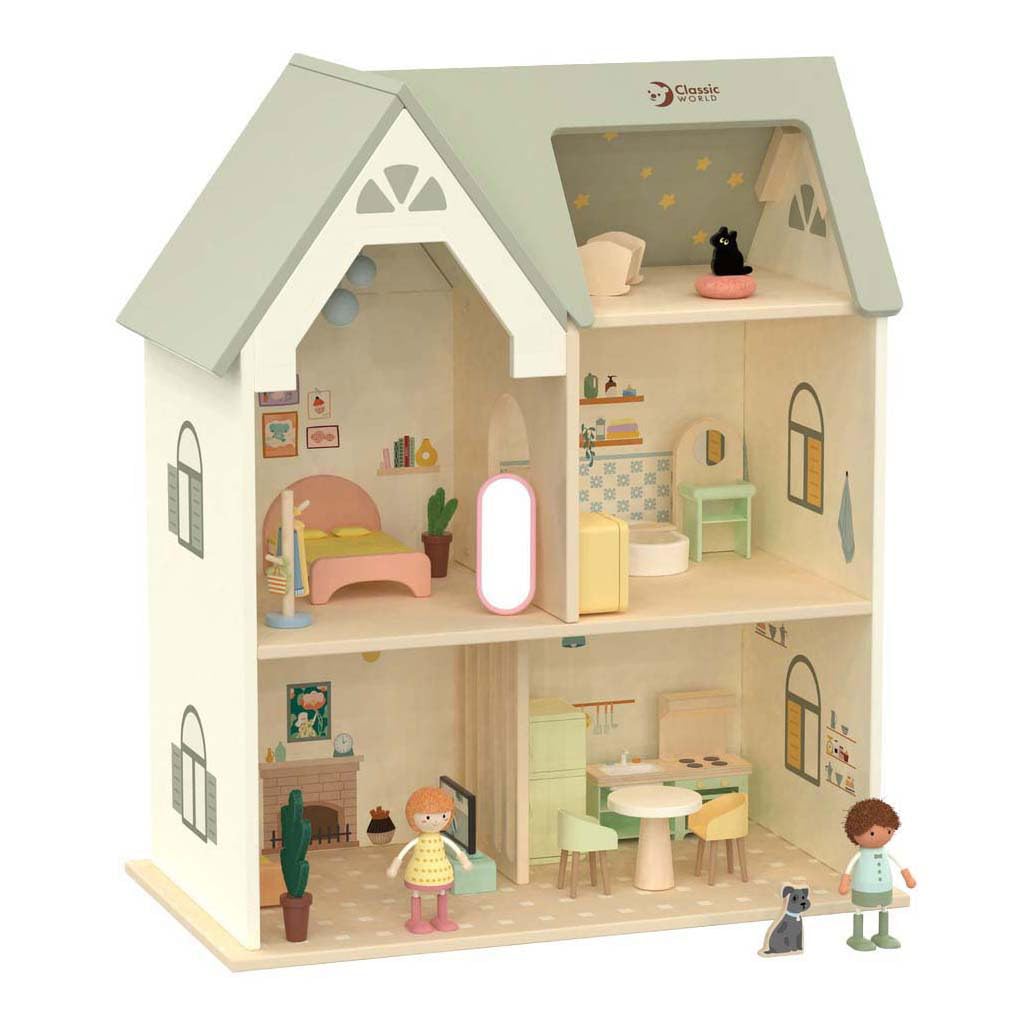 Classic World Holz Puppenhaus Cottage mit Möbeln und Zubehör