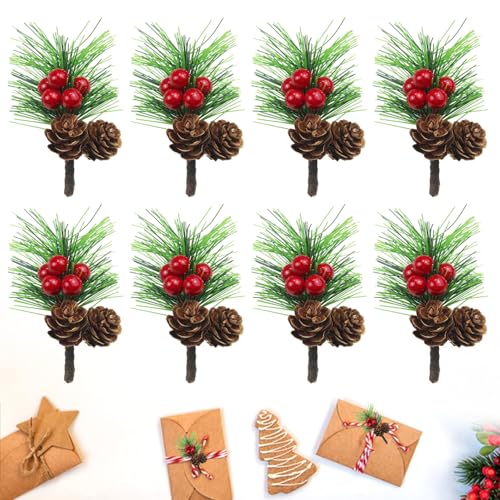 XIAQICA 24 Piezas Ramas de Pino Artificial con Piñas, Frutos Rojos y Agujas de Pino Verdes Ramas de Bayas Agujas de Pino Simuladas Navideñas Decoración de Corona de Navidad Ramos Decorativos