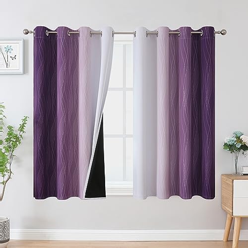 Estelar Textiler Purple and Greyish White Blackout Curtains 54 Inch Length, Light Blocking Gradient Grommet Drapes for Living Room, Thermal Insulated Ombre Curtains for Bathroom,52Wx54L,2 Panels