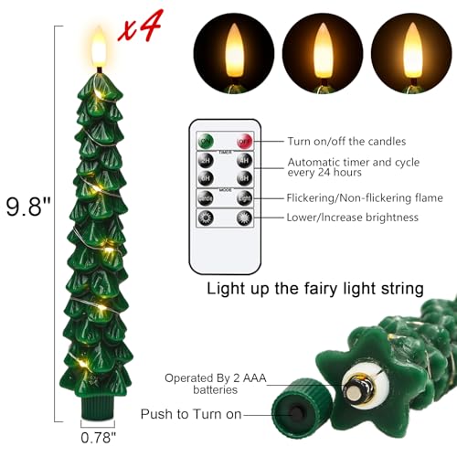 Image of Christmas Tree Candles with Remote Timer, 4 Pcs Waxy Flameless Taper Candles with Embedded String Lights, Battery Operated LED Candlesticks 3D Flame Wick, Green Gifts Christmas Decorations