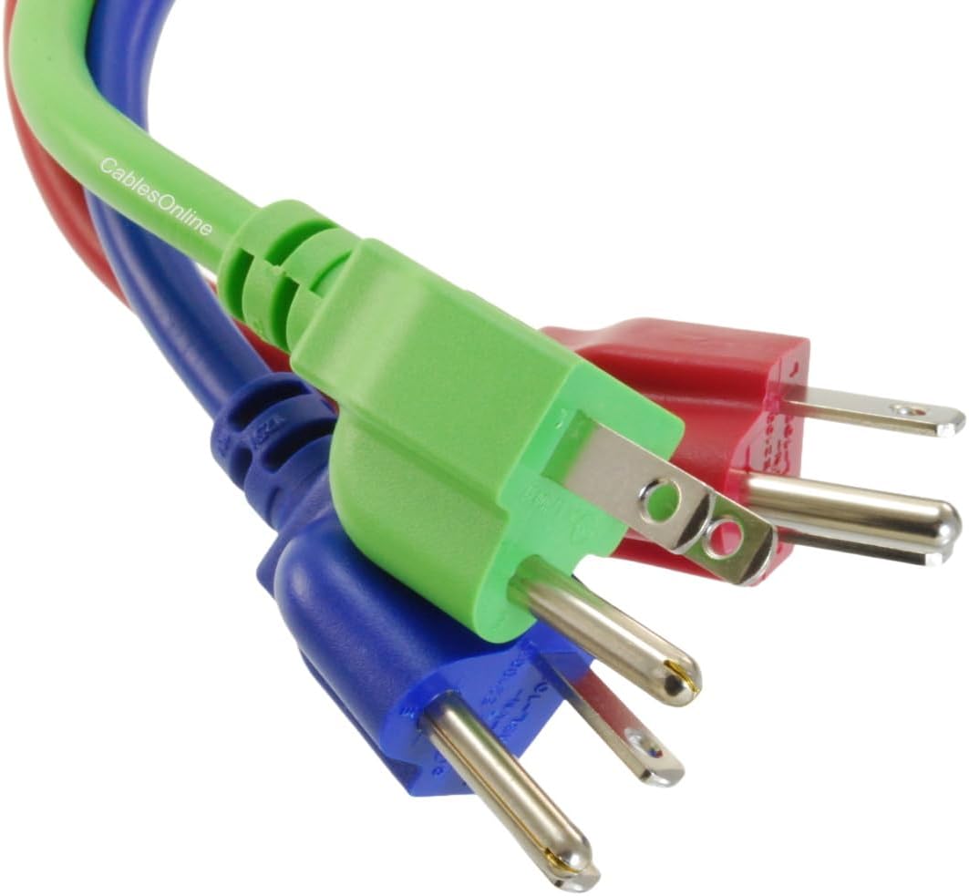CablesOnline 3-Pack 1ft Short 3-Conductor, 18AWG, NEMA 5-15P to IEC C13 Power Cable, Three Colors, Red, Green, Blue, PC-301MC