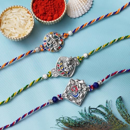 Image of eCraftIndia White Red Golden Set of 3 Pearl Rakhi for Brother with Roli Chawal Pack