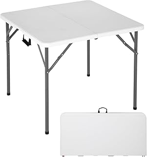FDW 34" Square Outdoor Dining Table, Foldable Portable Plastic Folding Card Table with Built in Carrying Handle and Height Adjustable for Party and Wedding Use, White