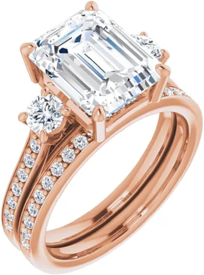 5 CT Emerald Cut VVS1 Colorless Moissanite Engagement Ring Set, Wedding/Bridal Ring Set, Sterling Silver Vintage Antique Promise Ring Set Gifts