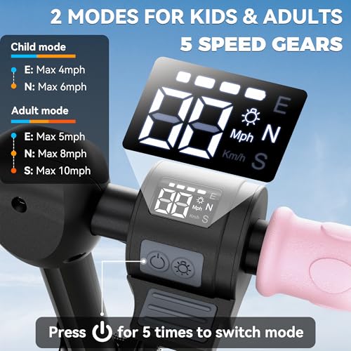 ARBELI 4-Wheel Electric Scooter for Kids w/250W Brushless Motor, Up to 10 MPH & 8.5 Miles, Rainbow Lights, LED Display, 5 Speed & Adjustable Balance, Foldable Kids Electric Scooter, UL-2272 Certified