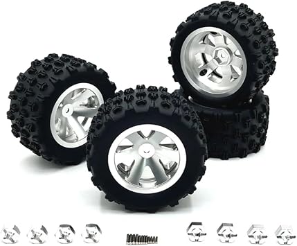 4Packs Metal Upgraded Clamp Wheel Hub Tires for Hyper Go H16BM H16GT H16DR H16PL H14BM RC Car Parts, 12mm Hex 84mm 3.3" Tires for Wltoys Hyper Go SCY 1/12 1/14 1/16 RC Car Silver