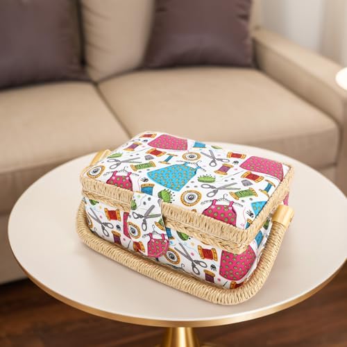 Grand panier à couture double couche avec coussin à épingles intégré et plateau amovible