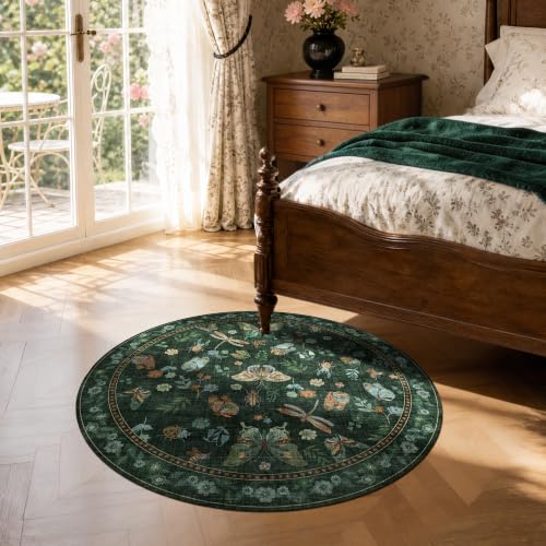 Dark Green Vintage Insect Round Area Rug 4ft for Living Room Bedroom, Non Slip Butterfly Bedroom Rug Under Bed, Washable Farmhouse Soft Thin Indoor Throw Rug, Traditional Accent Carpet for Office by AIMPEAK - Used condition - Image 3