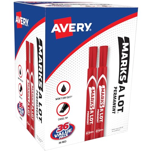 Image of Avery Marks A Lot Permanent Markers, Large Desk-Style Size, Chisel Tip, Value Pack, 36 Red Markers Total, Ideal for Signs, Posters, Labeling, and More (98240)