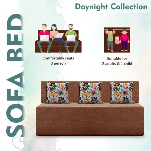 Image of Los Angeles Foldable Three Seater Sofa Cum Bed, Sofa Bed 5 X 6 Feet Jute Fabric Washable Cover- Including Cushion Perfect for Living Room - Brown