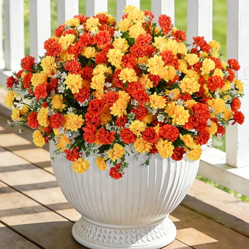 Ammyoo Artificial Flowers for Outdoors Decoration, 6 Bundles Silk Marigold Flower UV Resistant Look Real Faux Plants for Garden Porch Planter Patio Balcony Yard Home Decor (Yellow Orange)