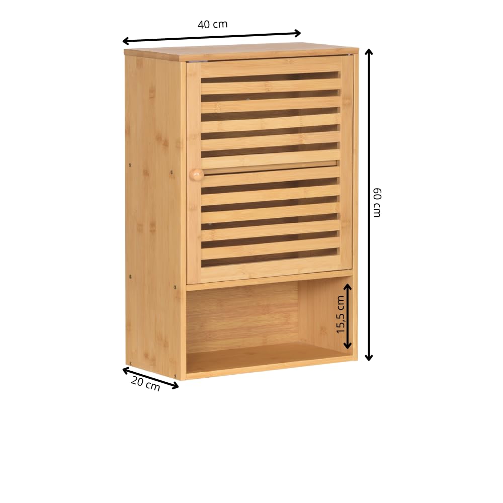 Armoire murale en bambou pour salle de bain, avec porte, étagères ouvertes, meuble de rangement, 60 x 40 x 20 cm, naturel