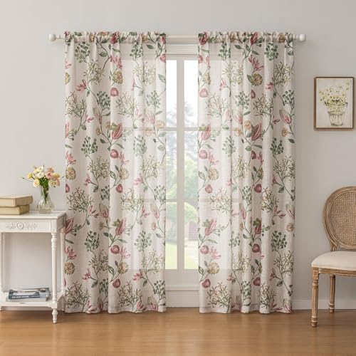 Image of SUOUO Red Jacobean Floral Semi Sheer Curtains 84 Inches 2 Panels Rod Pocket | Linen Textured,Light Filtering,Patterned Green Vine Botanical,Vintage Farmhouse Cottage,Window Drapes for Living Room Bedroom