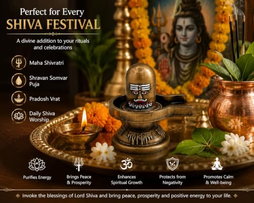 Image of Metal Shivling for Home Puja | Antique Brass Finish Shiv Ling Murti | Mahakal Shivling Idol for Temple, Office Desk & Meditation | Shiva Lingam Spiritual Gift (Golden Metal Shivling)