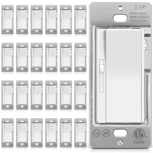 Image of BESTTEN 24 Pack Super Slim Dimmer Light Switch for 300W Dimmable LED /CFL Lights and 600W Incandescent /Halogen, Single Pole /3-Way LED Slide Dimmer, ETL Listed, White