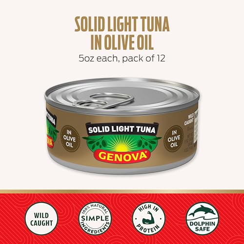 Image of Genova Premium Solid Light Tuna in Olive Oil, 5 Ounce Cans, 12-Pack - Nutrient Rich, High Protein Canned Tuna Fish - Delicious, Easy, Nutritious Ready to Eat Meals