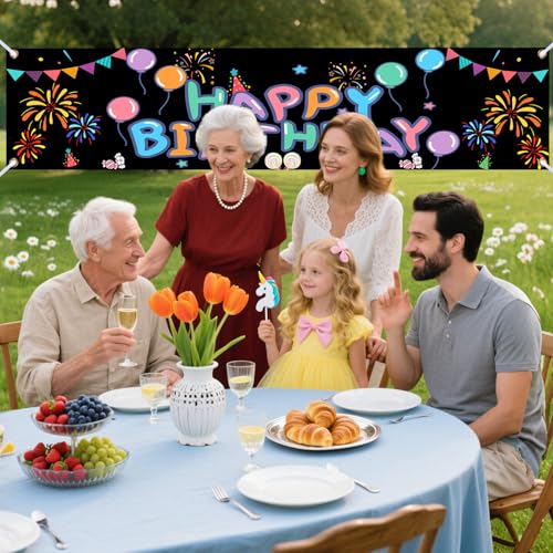 Image of Nuxovilar Happy Birthday Banner Fireworks 18x79 Inches Polyester | Party Sign, Firework Poster colorful happy birthday banner, yard decoration yard, porch, fence (Fireworks)
