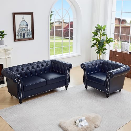 Image of QHITTY 2 Piece Living Room Set, Sectional Chesterfield Sofa Chair Contemporary Upholstered Leather Loveseat Couch Sets for Living Room, Office (Blue)