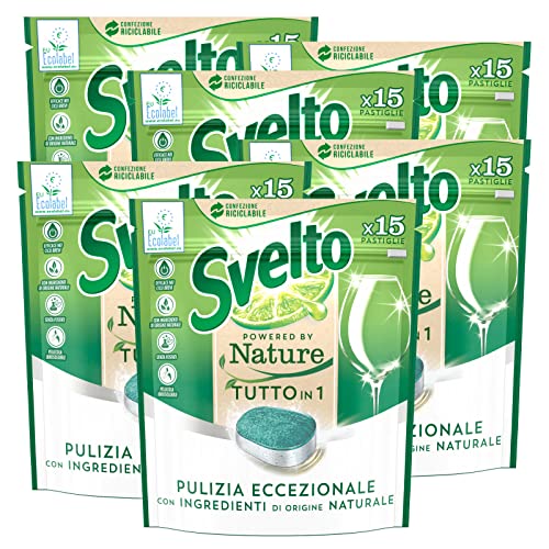 6 pastillas para lavavajillas Svelto Powered By Nature Todo en 1 para limpieza excepcional con ingredientes de origen natural - 6 paquetes de 15 pastillas