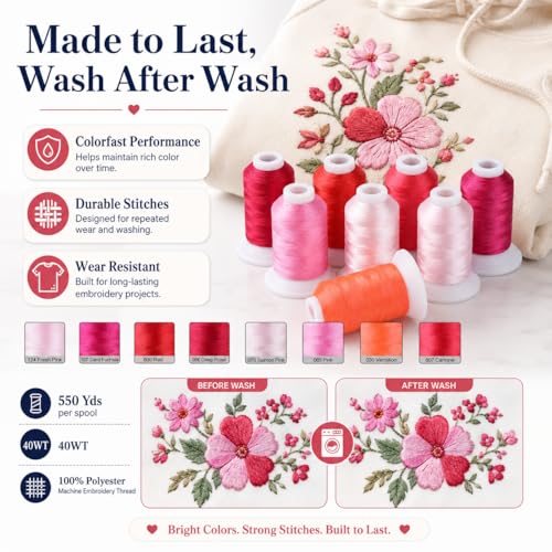 Image of Simthread 8 Shades 550Yds Each 40WT Polyester Embroidery Thread Red Set | 8-shade red set with 550Yds each offers smooth 40WT polyester thread for home and commercial embroidery machines.