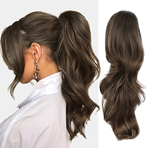 LNERATO Ponytail Extension Long Curly Wavy Claw Clip in Ponytail Hair Extension for Women 18" Synthetic Ponytail Hairpieces Natural Soft Daily Use(Brown Mix Golden)……