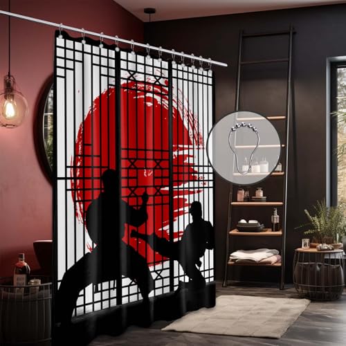 Image of Japanese Shower Curtain Japan Anime Asian Black and Red Shower Curtains for Mens Bathroom Decor Sets, Waterproof Cloth Fabric with Hooks, 72x84 Inch