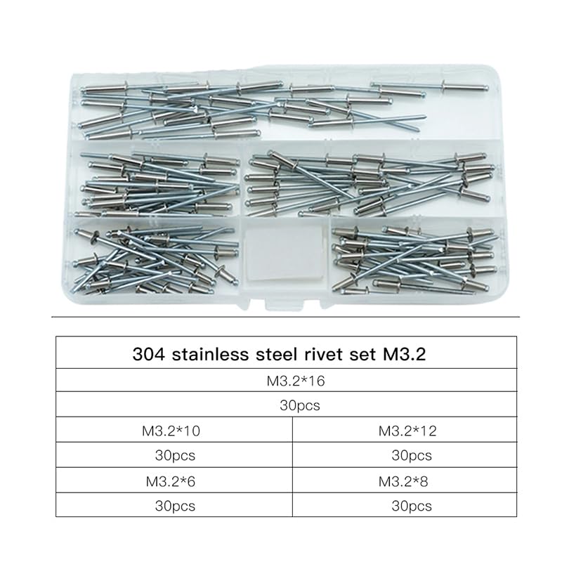 Remaches ciegos Remachador pop métrico Perno de perforación Aluminio/Acero inoxidable Seel/Decoración de uñas Remaches pop para muebles Surtido Kit-acero inoxidable M3.2