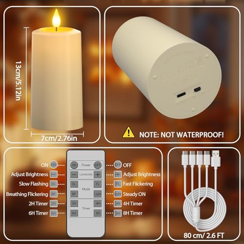 Image of SoulBay USB-C Rechargeable Flameless Pillar Candles with Remote, 4 Pack | Magic Blow Out Feature, Fake Electric Candles, Timer, For Indoor Home Decor, Lanterns, Christmas, Parties