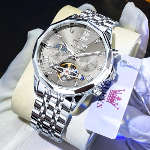 Image of OLEVS Automatic Watches for Men Business Dress Mechanical Watch Stainless Steel Waterproof Self Winding Classic Date Luxury Diamond Skeleton Men Wristwatch